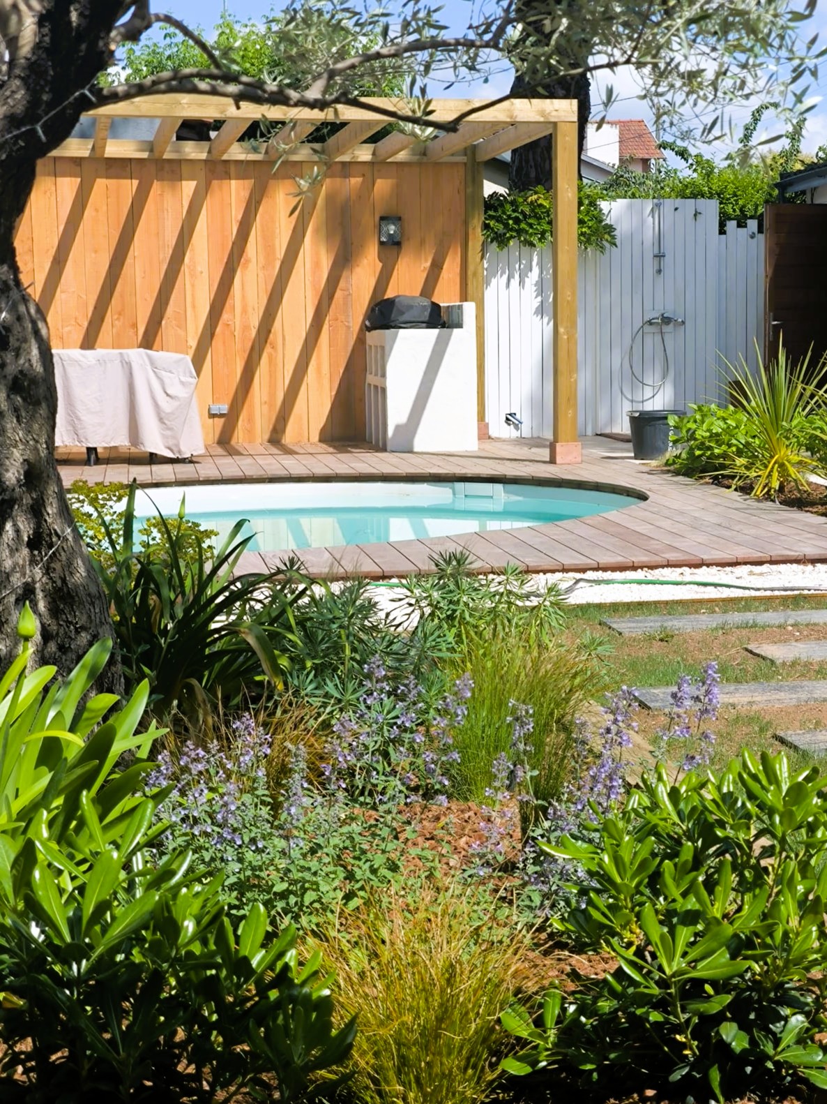 Massif plantations graminées pergola piscine terrasse Toulouse — Urbanessence
