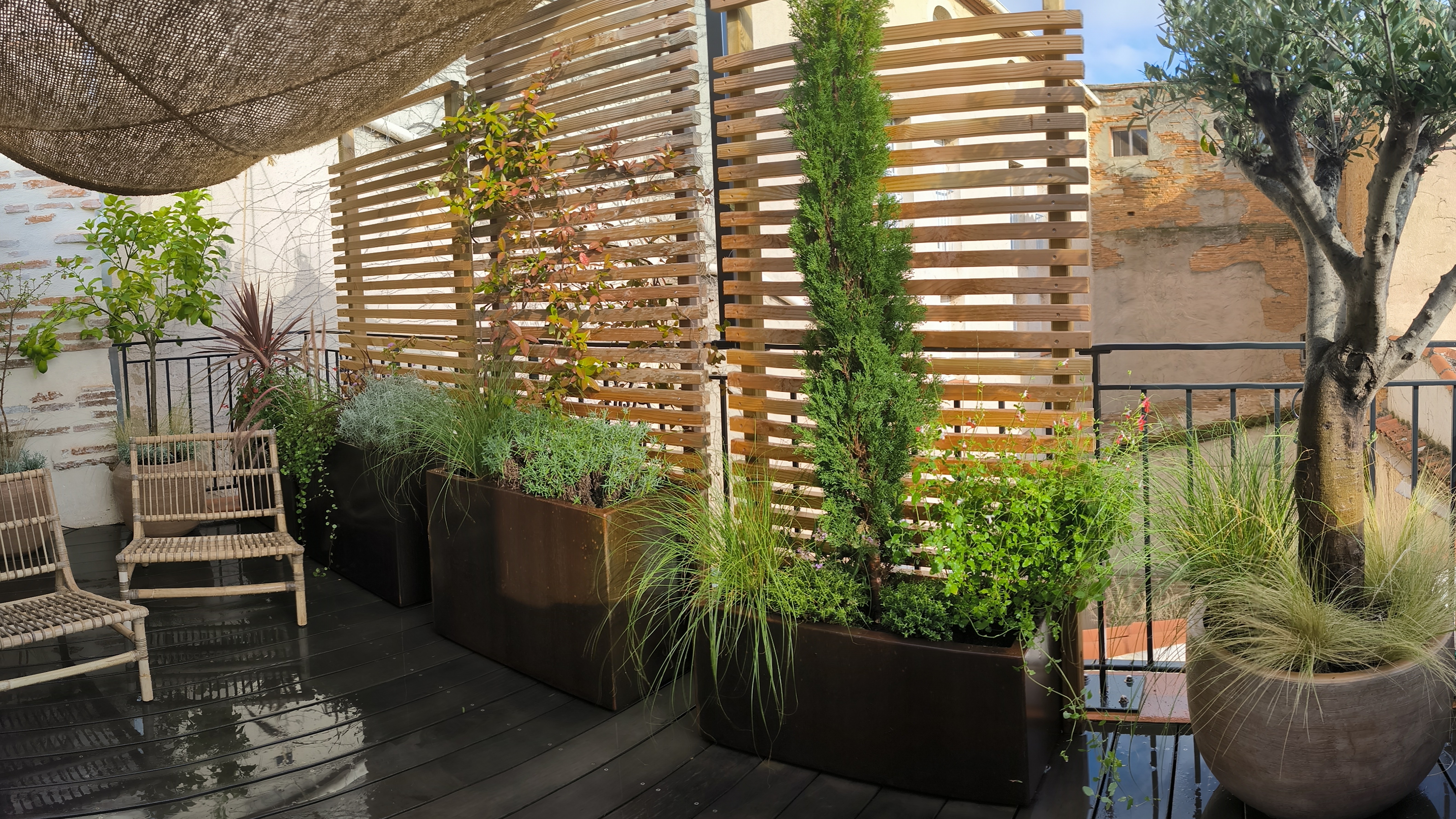 Balcon rooftop jardinière brise-vue graminées — Urbanessence