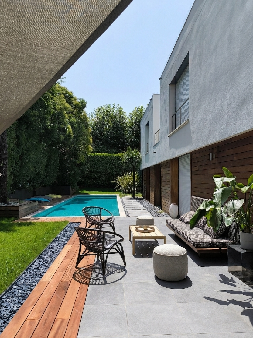 Piscine jardin gazon terrasse bois Toulouse — Urbanessence